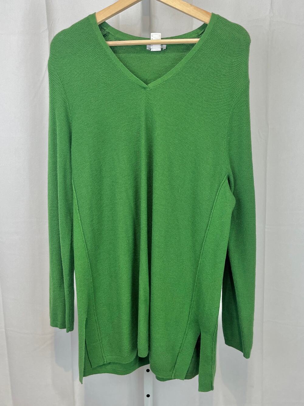 J. JILL Textured Tunic Sweater Long Sleeve V Neck Cotton Silk Wool Blend Green L